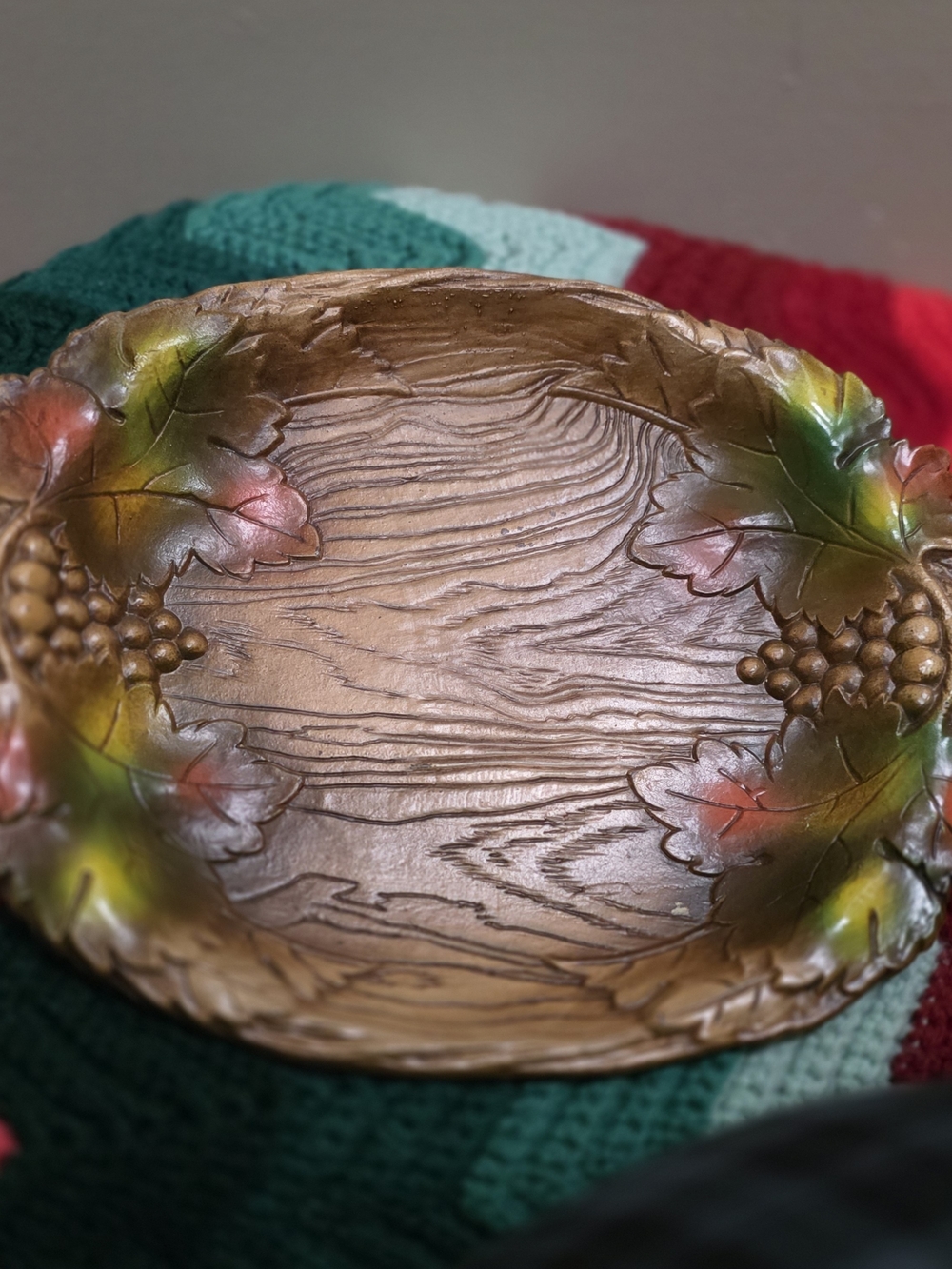 Vintage 1970s Treasure Craft Faux Wood Ceramic Grape Leaf Serving Tray Platter